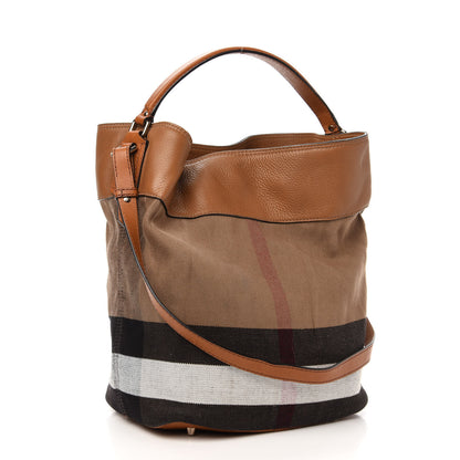 Burberry Grainy Calfskin Canvas Mega Check Medium Ashby Tassel Hobo Saddle Brown 3 of 12