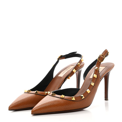 Valentino Garavani Pebbled Calfskin Rockstud Half D'Orsay Slingback 85mm Pumps 38 Cuoio 3 of 10