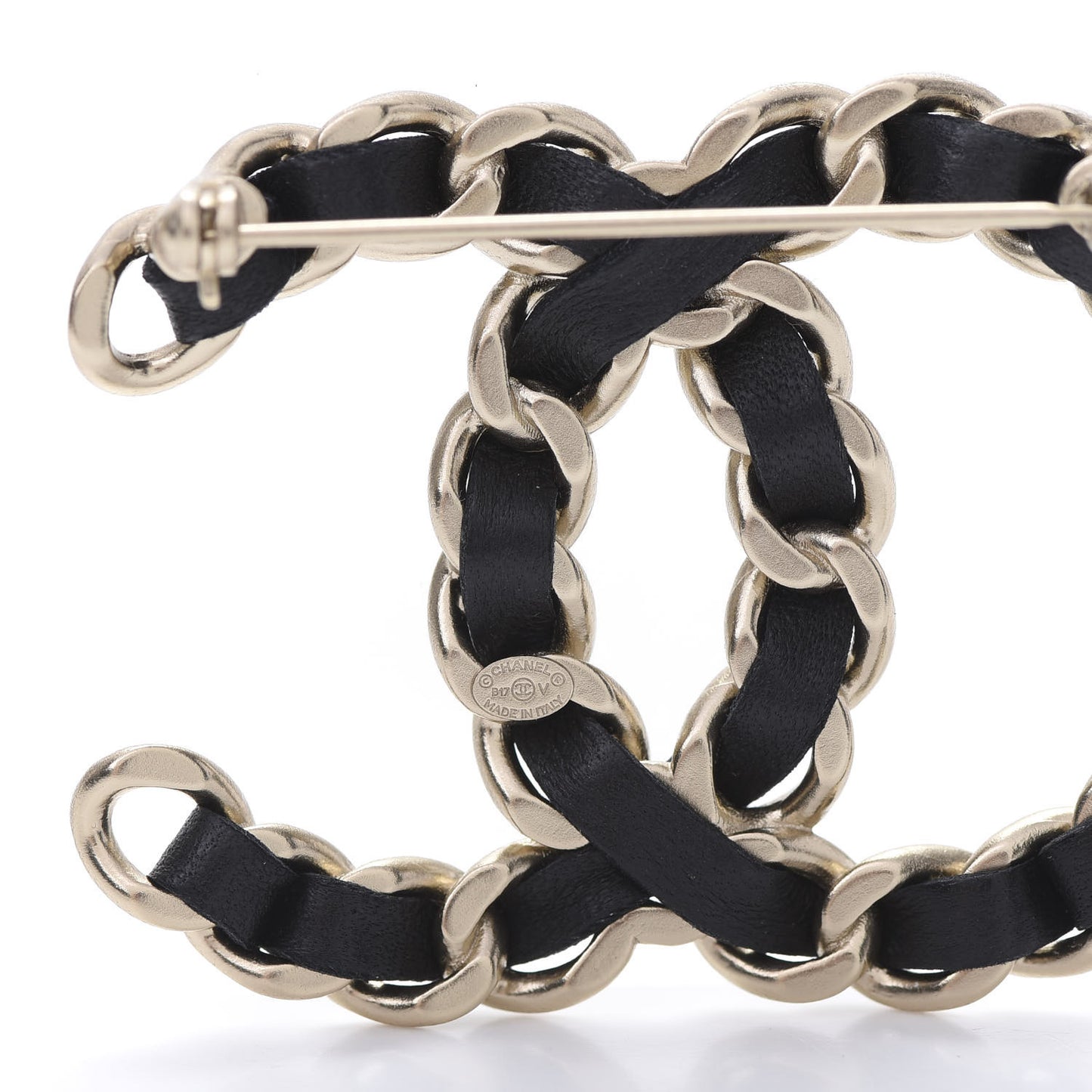 Lambskin Chain CC Brooch Black Gold