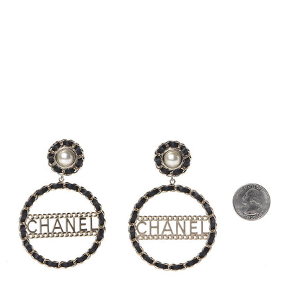 Chanel Pearl Lambskin Chain Logo Hoop Clip On Earrings Black Gold 2 of 7