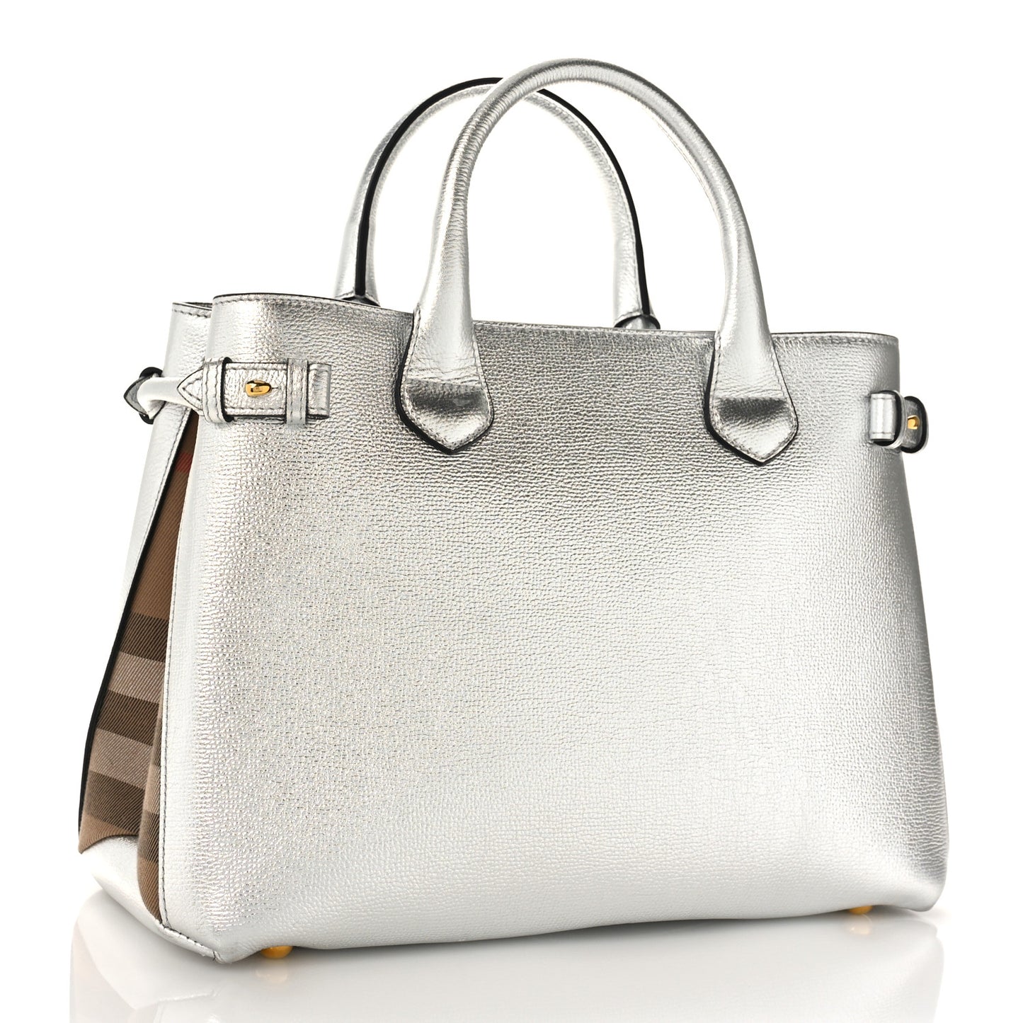 Metallic Grainy Calfskin House Check Medium Banner Tote Silver