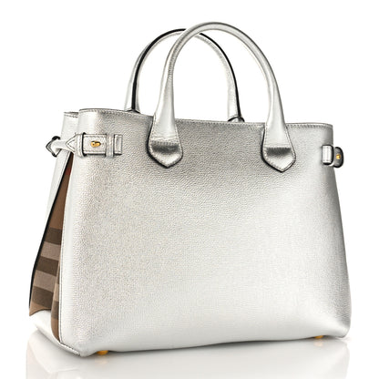 Burberry Metallic Grainy Calfskin House Check Medium Banner Tote Silver 3 of 8