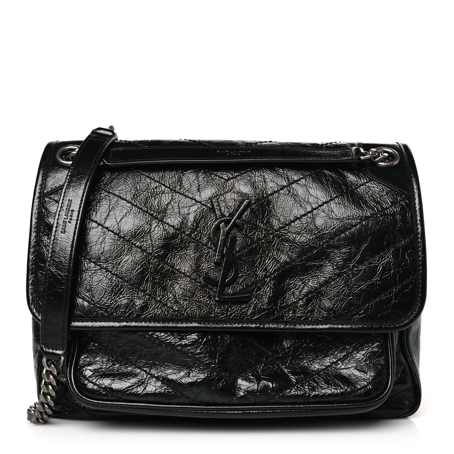 Crinkled Calfskin Matelasse Monogram Medium Niki Chain Satchel Black