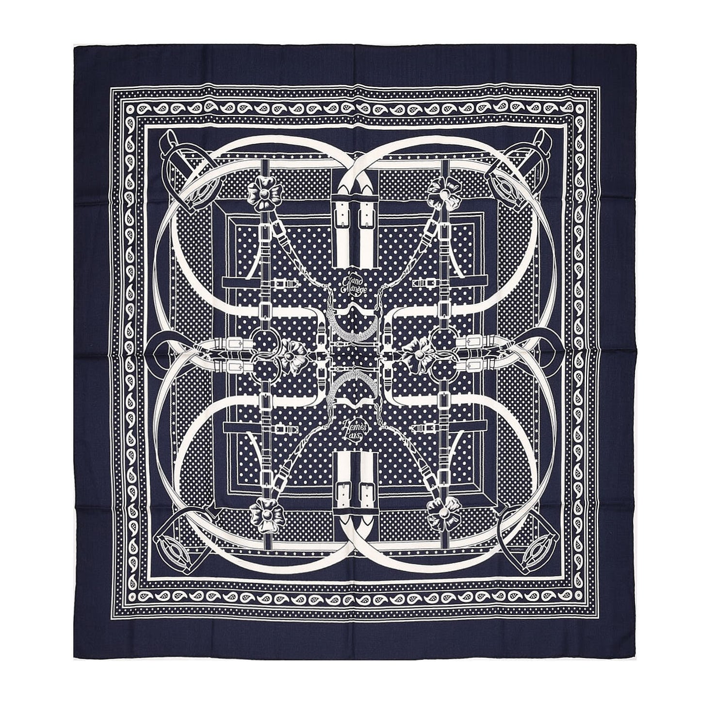 Silk Cashmere Grand Manege Bandana Shawl 140 Marine Blanc