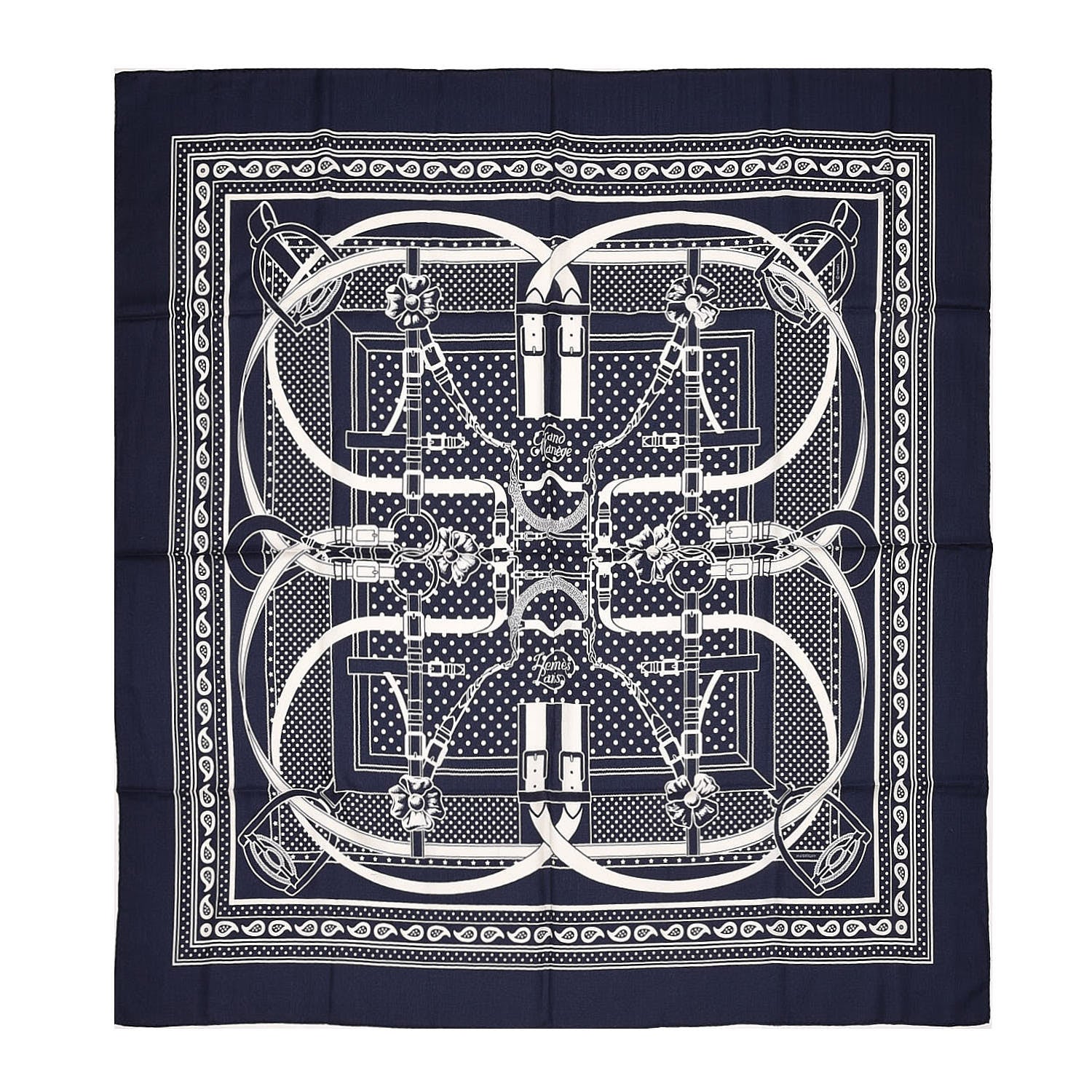 Hermes Silk Cashmere Grand Manege Bandana Shawl 140 Marine Blanc 1 of 4