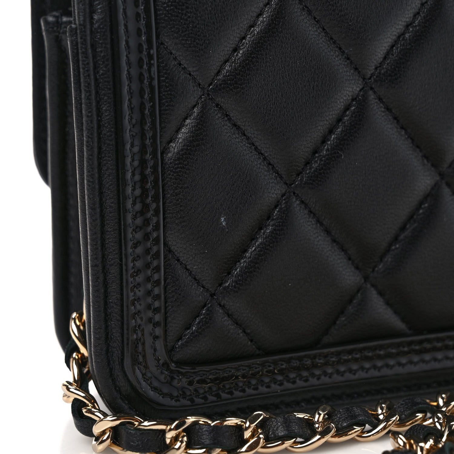 Chanel Lambskin Patent Calfskin Quilted Flap Phone Holder With Chain Black 7 of 8