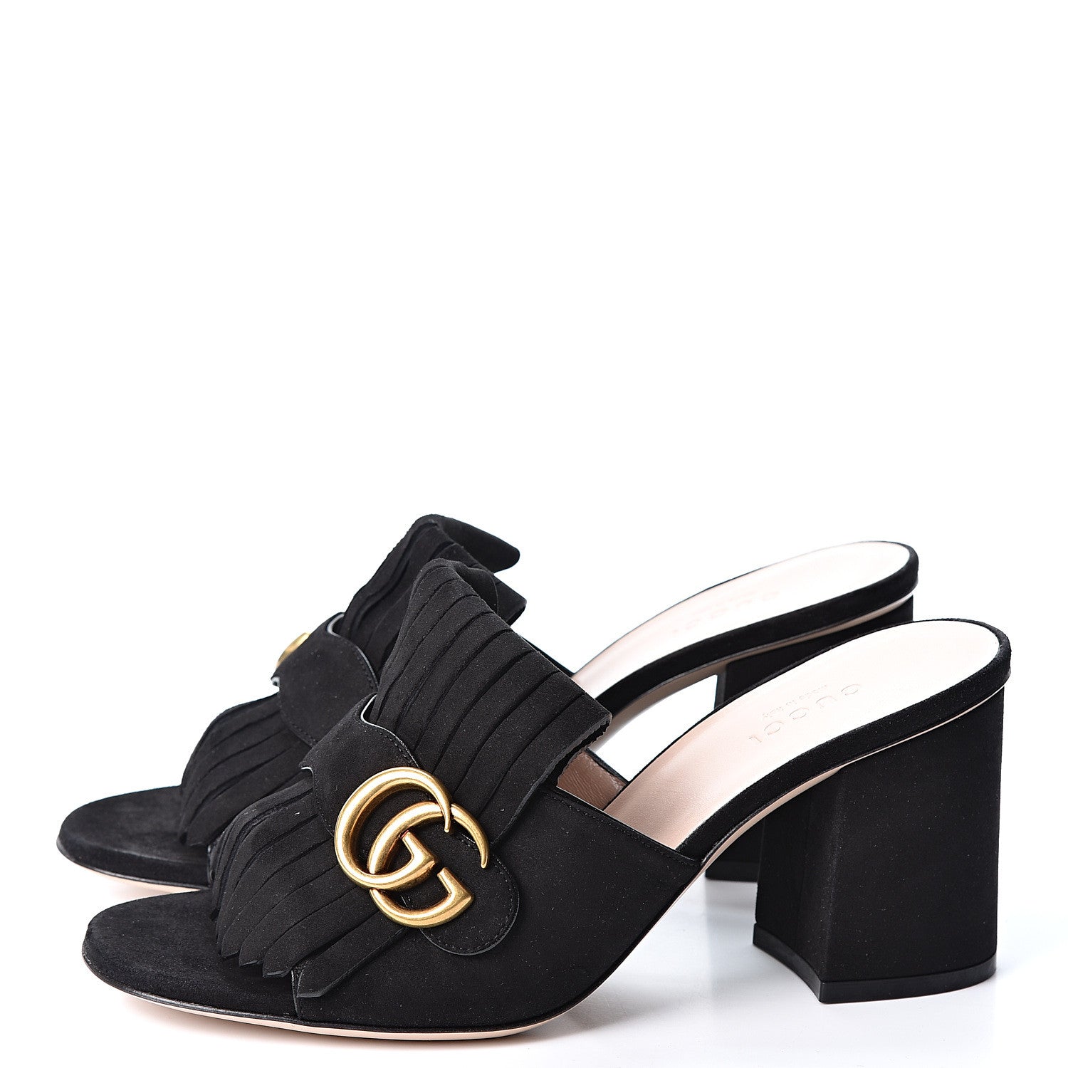 Gucci Kid Scamosciato GG Marmont Fringe 75mm Slide Sandals 37.5 Black 3 of 9