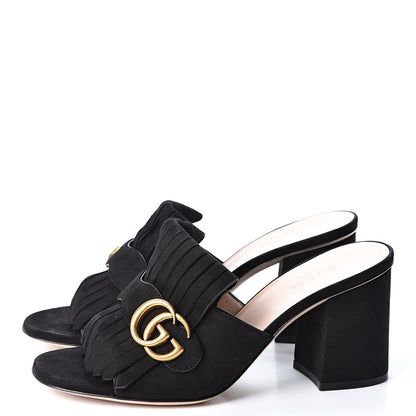 Gucci Kid Scamosciato GG Marmont Fringe 75mm Slide Sandals 37.5 Black 3 of 9