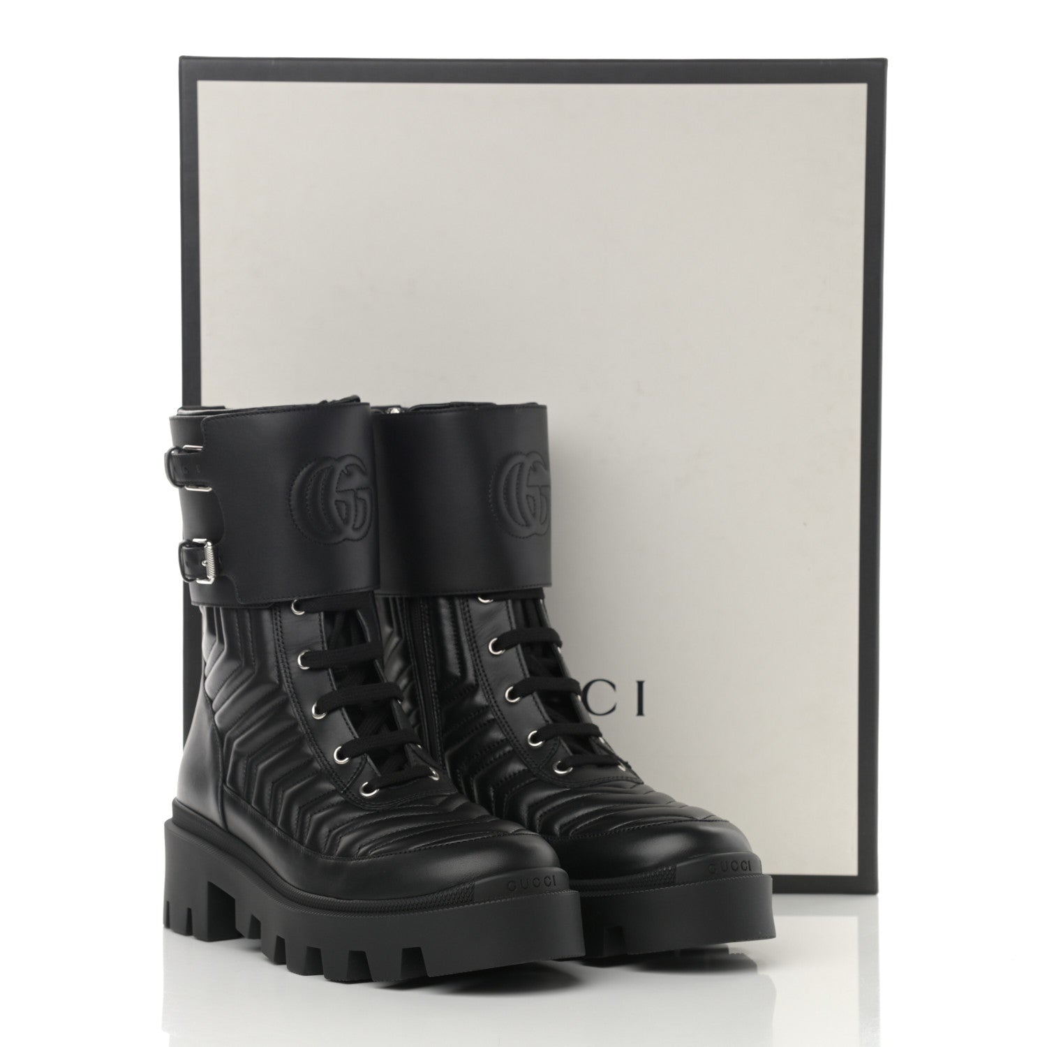 Gucci Nappa Frances GG Matelasse Platform Combat Boots 39 Black 10 of 10