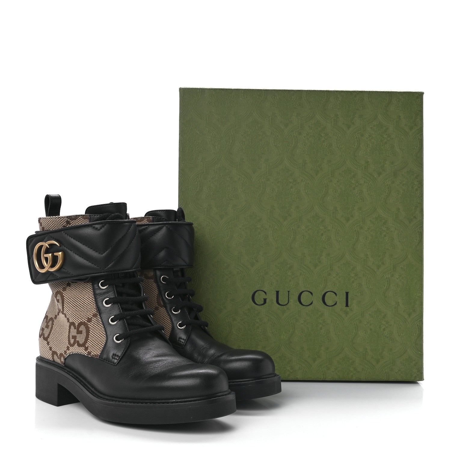 Gucci Flores Calfskin Monogram Maxi GG Nappa Matelasse Double G 40mm Ankle Boots 37.5 Black Camel Ebony 9 of 9