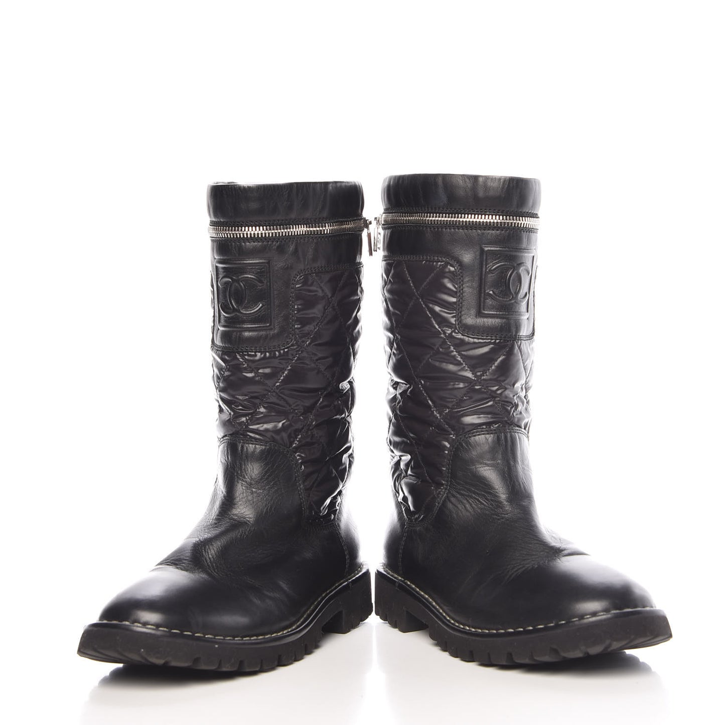 Calfskin Nylon Quilted Motorcycle Zip Boots 38.5 Black