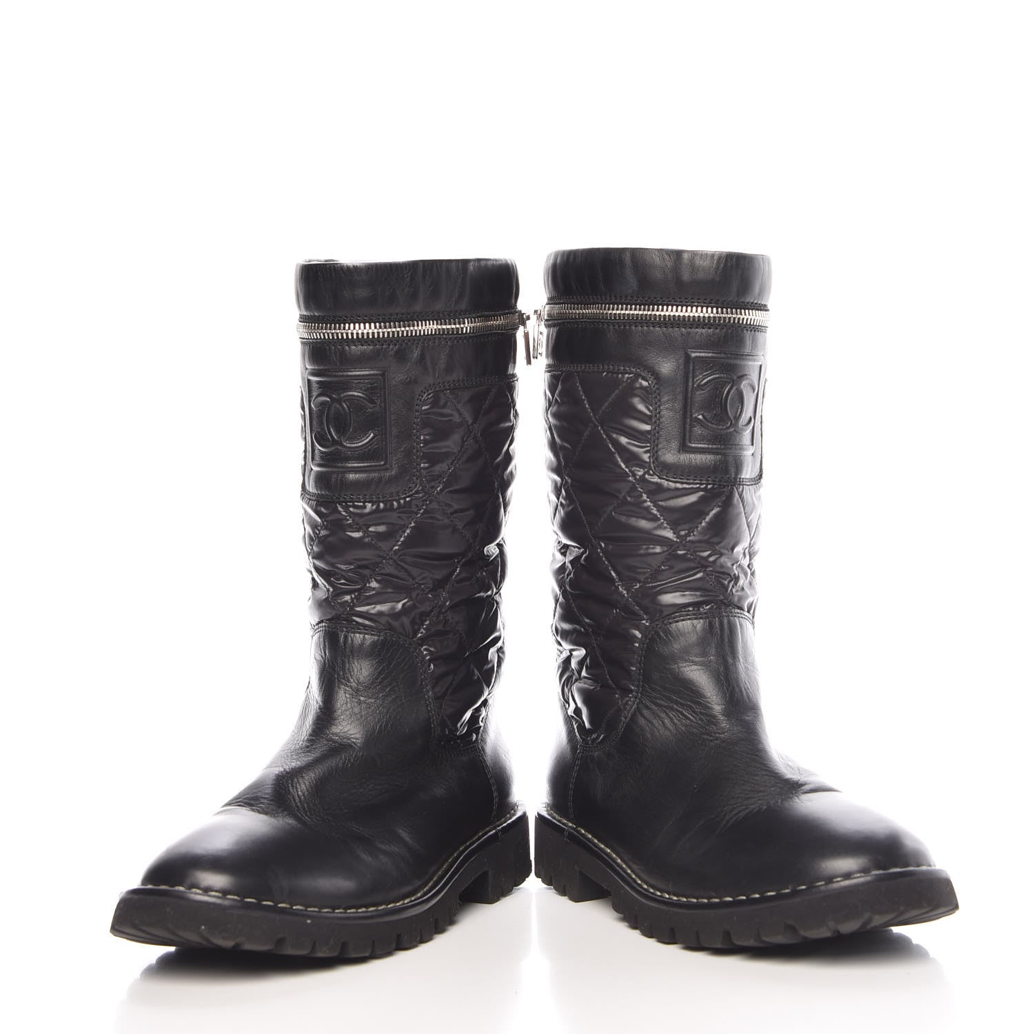Chanel Calfskin Nylon Quilted Motorcycle Zip Boots 38.5 Black 6 of 11
