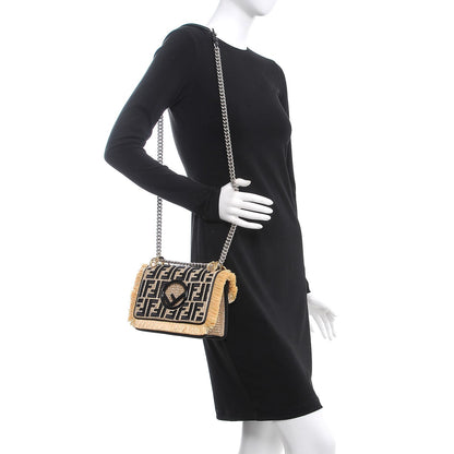 Fendi Raffia Vitello Century F is Fendi FF Embroidered Fringe Small Kan I Shoulder Bag Natural Black 2 of 7