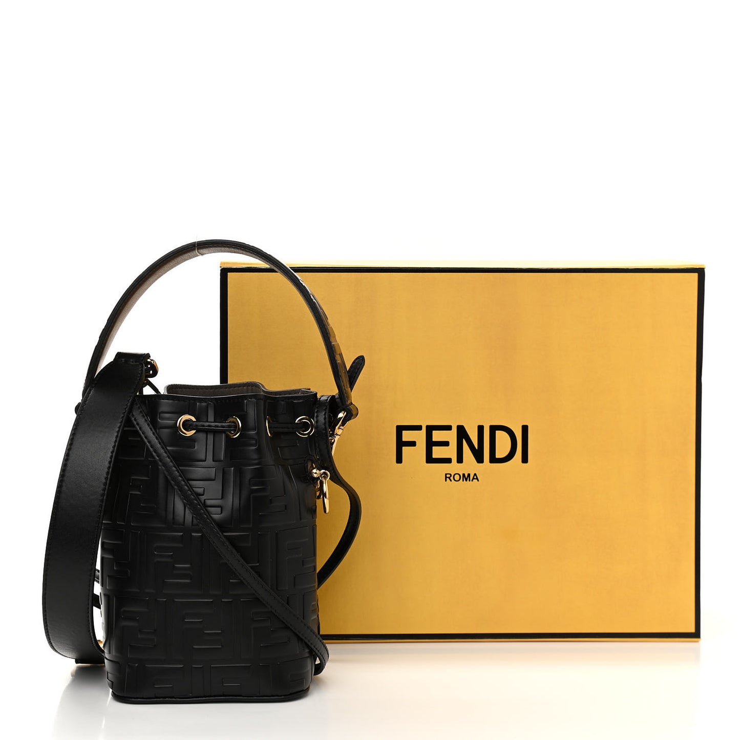 Vitello Liberty F is Fendi FF 1974 Embossed Mini Mon Tresor Bucket Bag Black