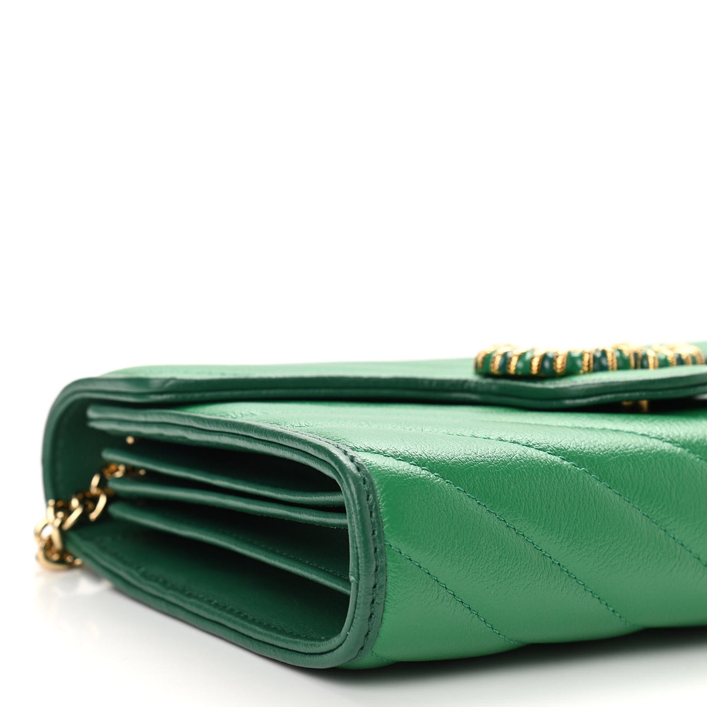 Azalea Calfskin Enamel Matelasse Diagonal Torchon GG Marmont Chain Wallet New Shamrock Emerald