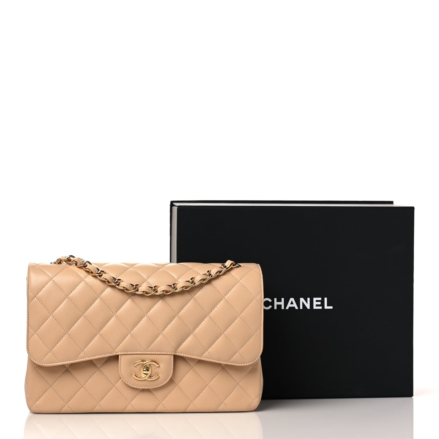 Caviar Quilted Jumbo Double Flap Beige