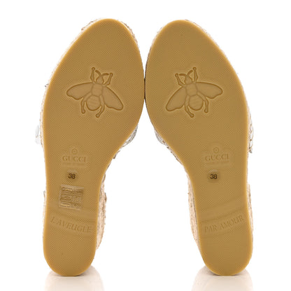 Gucci Lame GG Monogram Ankle Wrap Platform Espadrille Wedges 38 Silver Beige Light Grey 5 of 9