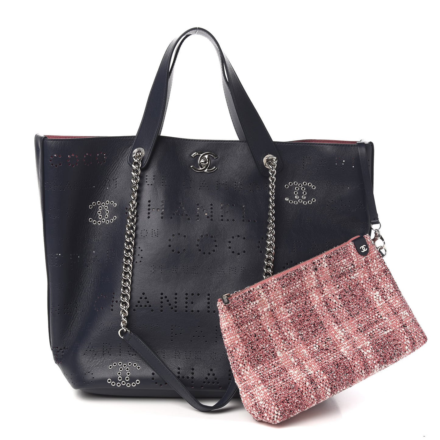 Calfskin Tweed Small Logo Eyelets Shopping Tote Navy Blue