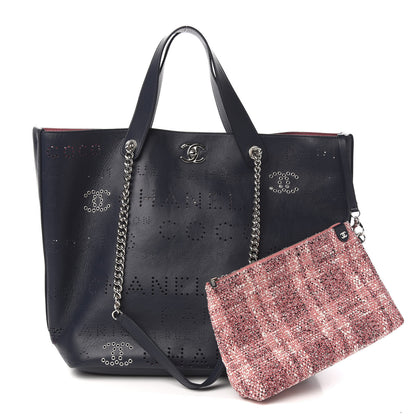 Chanel Calfskin Tweed Small Logo Eyelets Shopping Tote Navy Blue 1 of 10