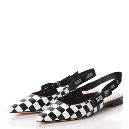 Christian Dior Calfskin Ribbon Checker Print J'Adior Slingback Ballet Flats 36 Black White 3 of 8