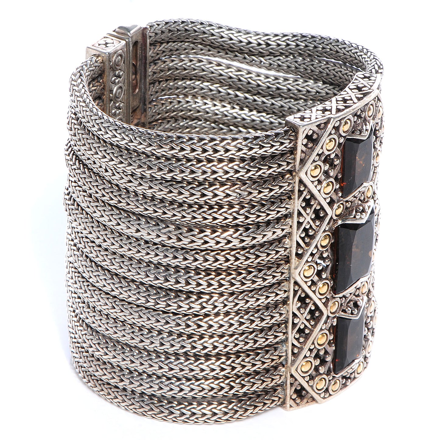 Sterling Silver 18k Gold Cognac Quartz Batu Sari Wide Bracelet
