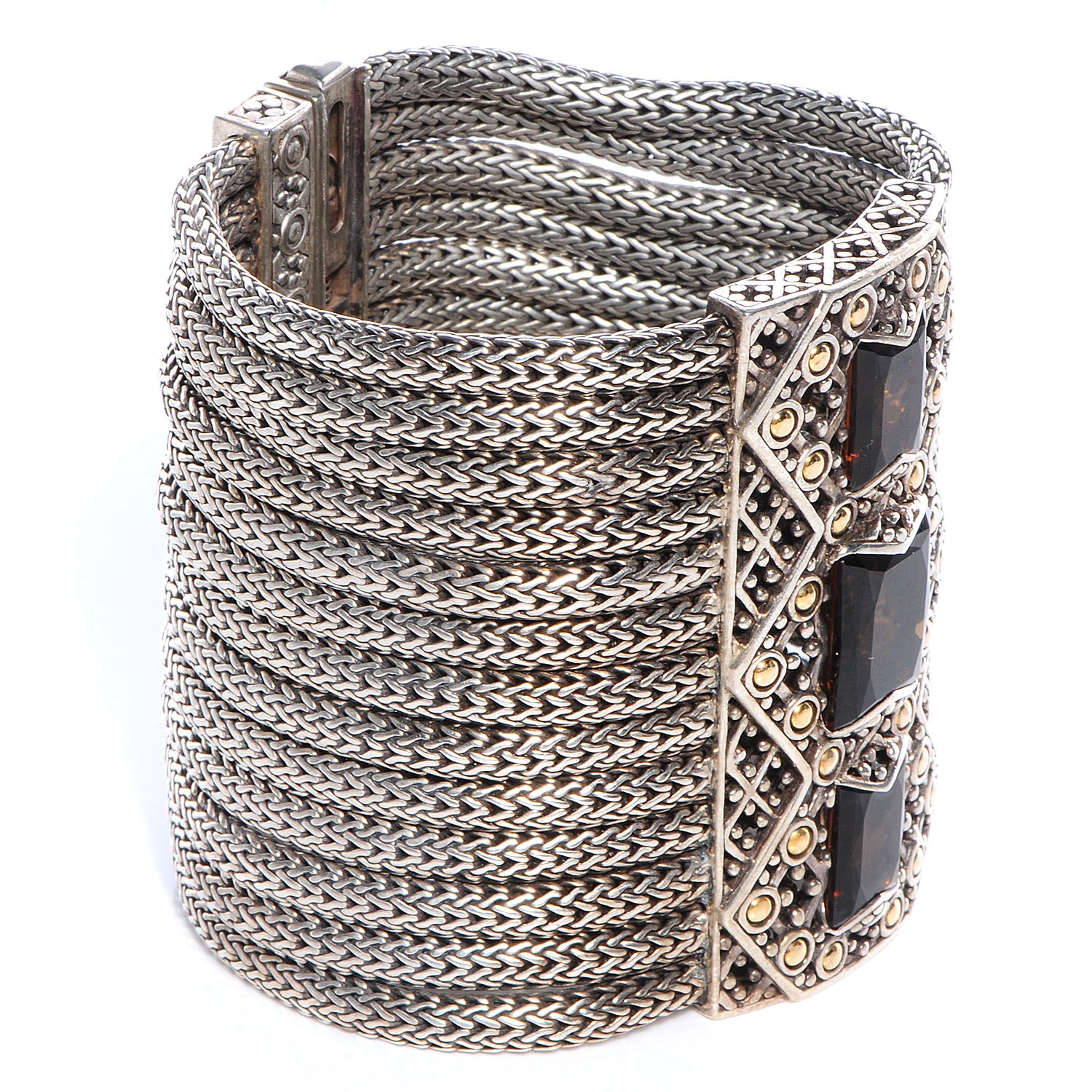 John Hardy Sterling Silver 18k Gold Cognac Quartz Batu Sari Wide Bracelet 4 of 6