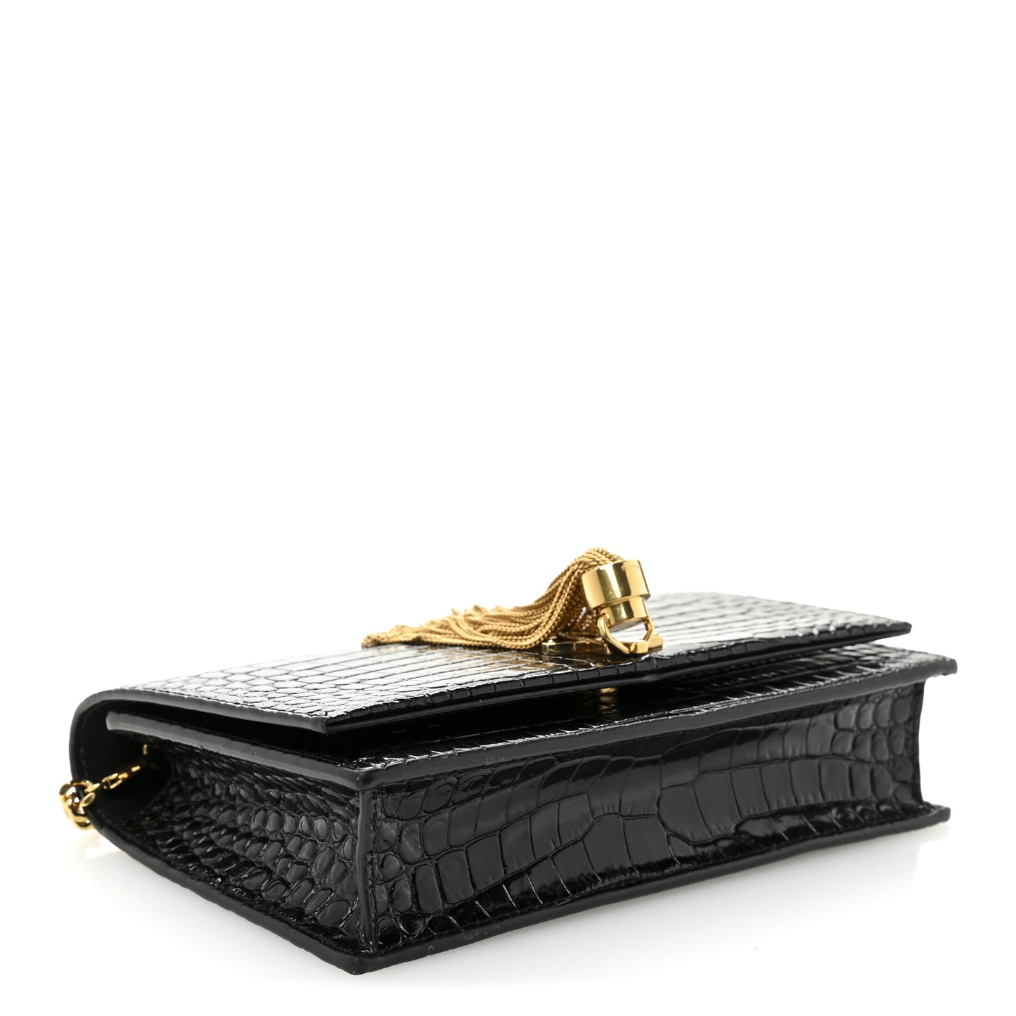 Calfskin Crocodile Embossed Small Classic Monogram Kate Tassel Satchel Black