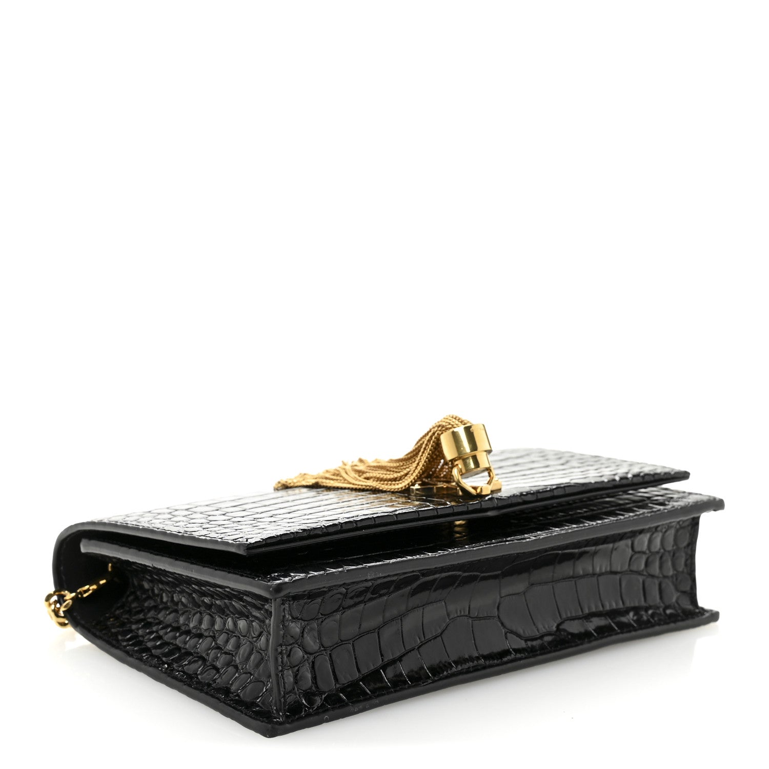 Saint Laurent Calfskin Crocodile Embossed Small Classic Monogram Kate Tassel Satchel Black 4 of 9