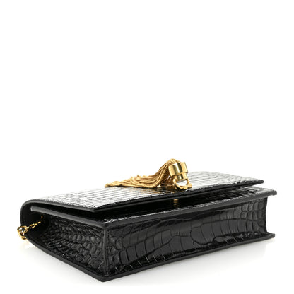Saint Laurent Calfskin Crocodile Embossed Small Classic Monogram Kate Tassel Satchel Black 4 of 9