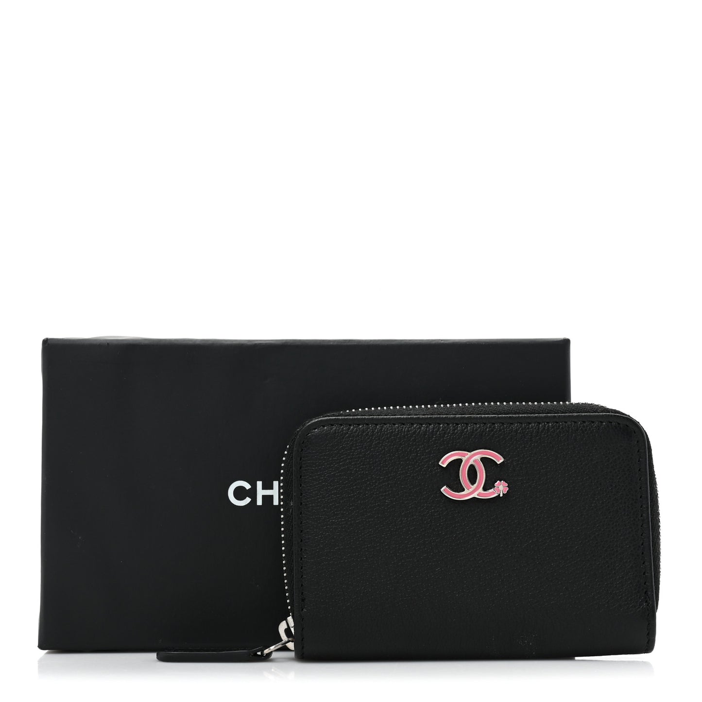 Goatskin Camellia Zip Coin Purse Black