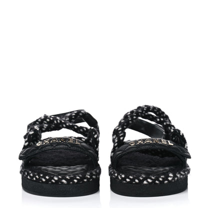 Chanel Cord Lambskin Quilted Logo Sandals 41 Black White 2 of 6
