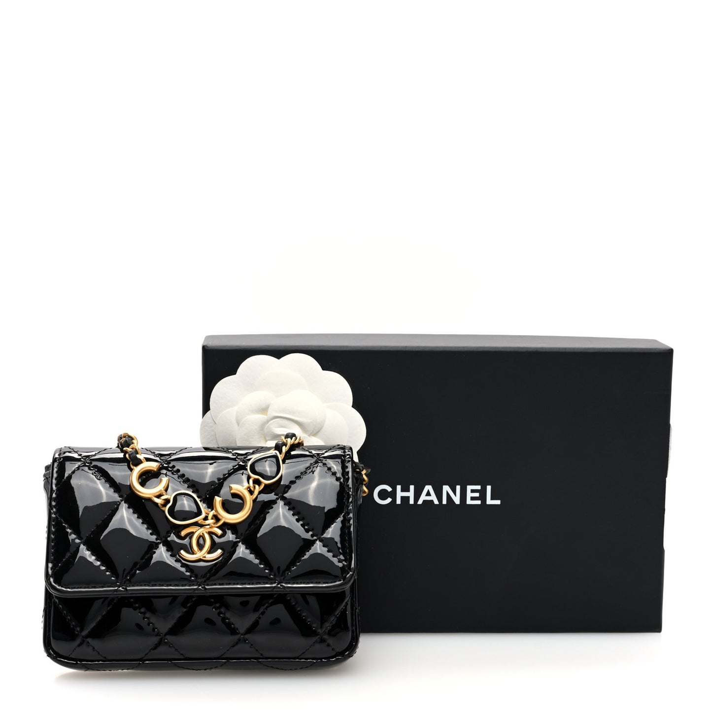 Patent Enamel Quilted Coco Hearts Clutch With Chain Black