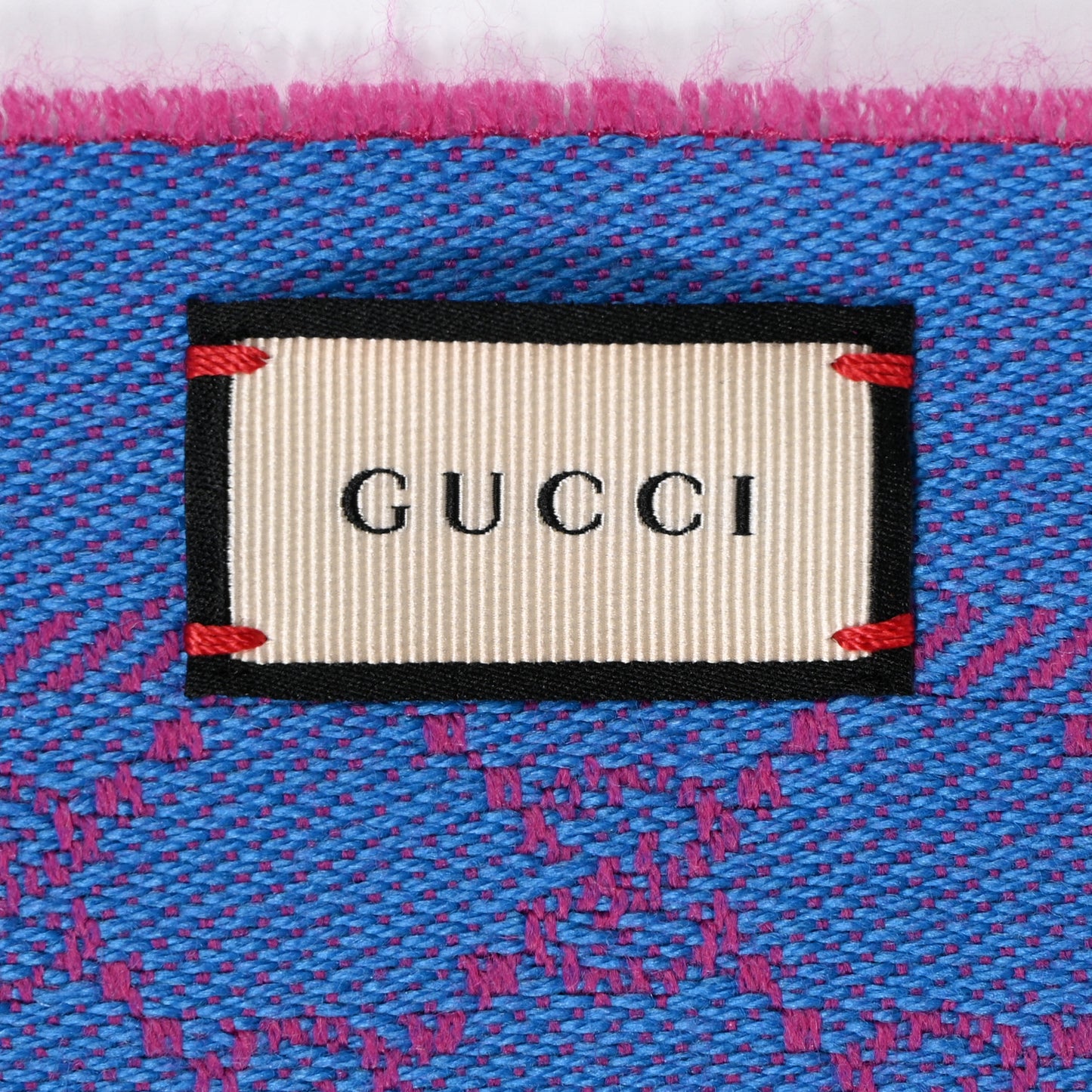 Wool GG Monogram Reversible New Sten Fringe Scarf Fuxia Sky Blue