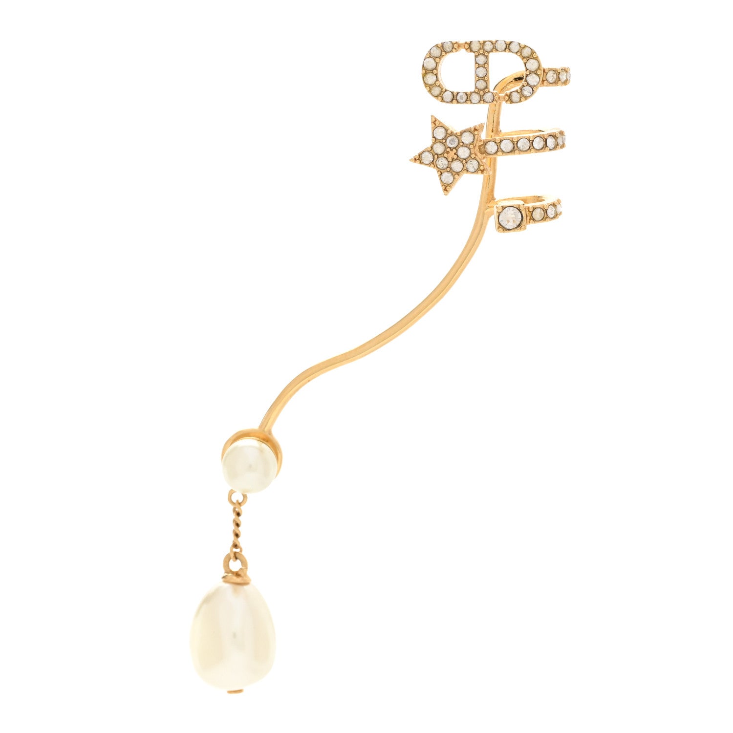 Christian Dior Metal Pearl Petite CD Ear Climber Earring Gold White 1 of 5
