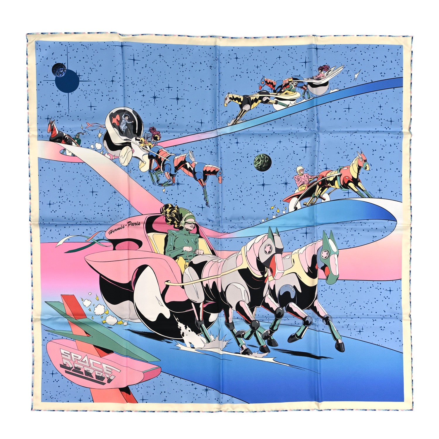 Hermes Silk Space Derby Scarf 90 Bleu Ciel Rose Vert Amande 1 of 4