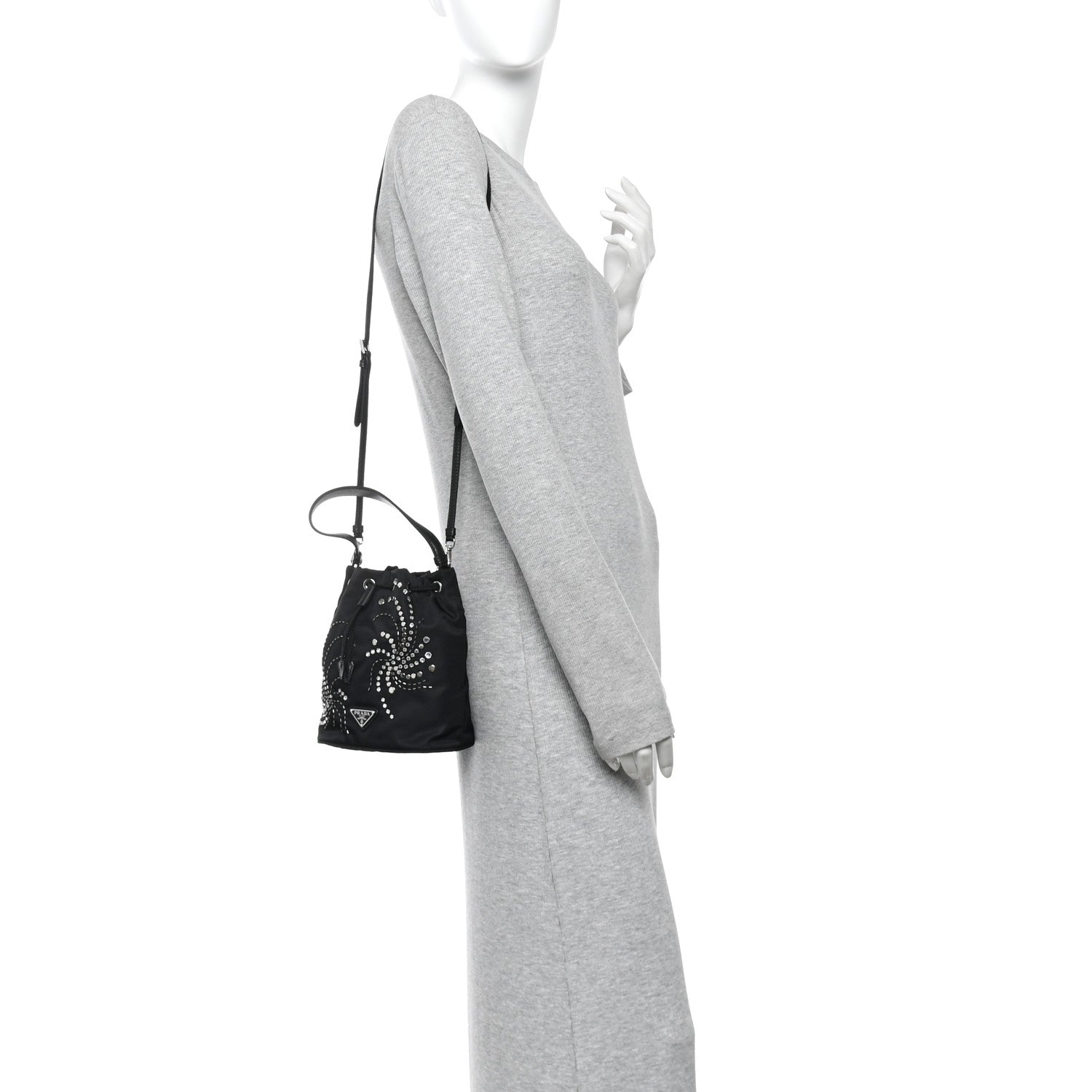 Prada Tessuto Saffiano Ricamo Sequin Crystal Embellished Mini Re-Edition 1978 Bucket Bag Black 2 of 9