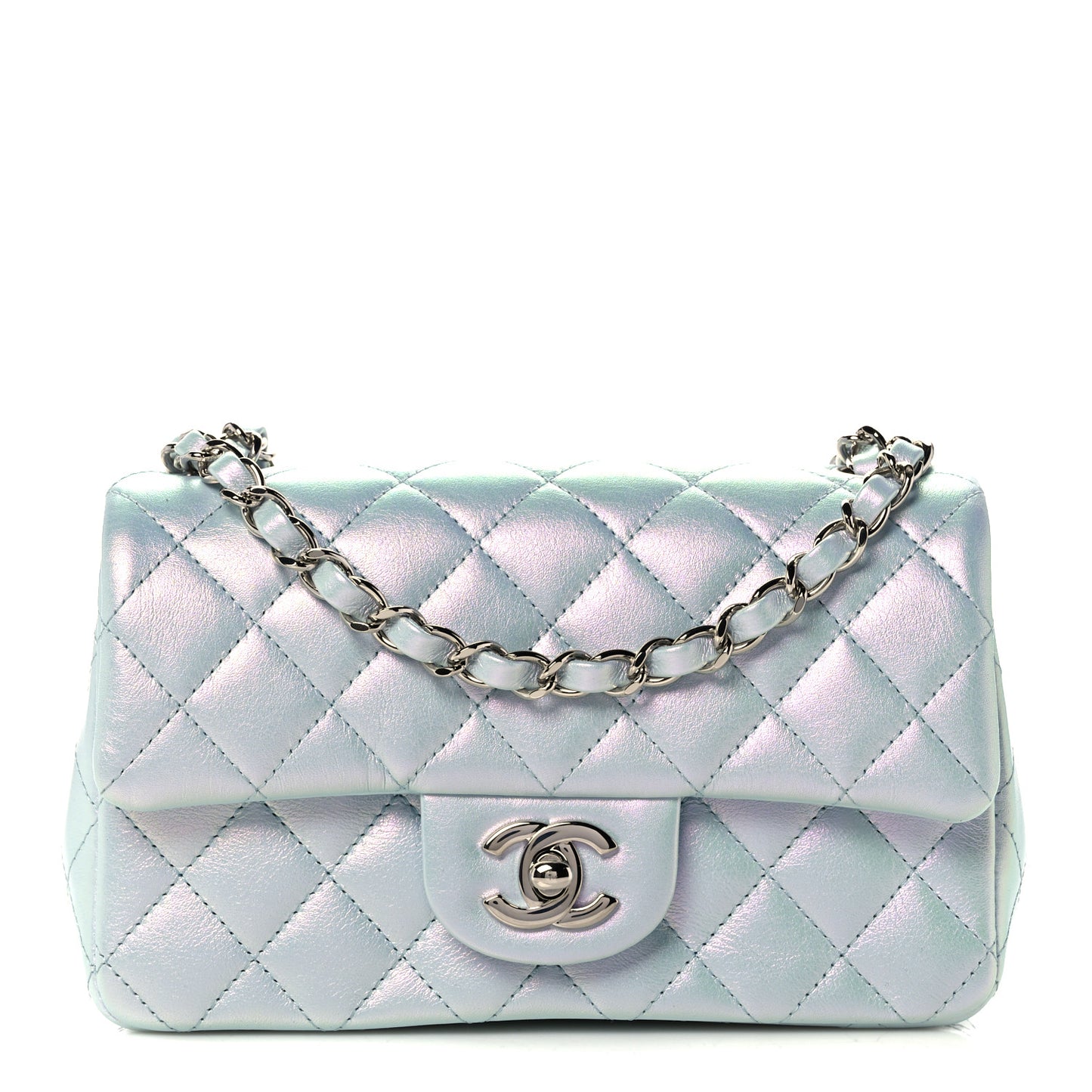 Iridescent Calfskin Quilted Mini Rectangular Flap Light Blue