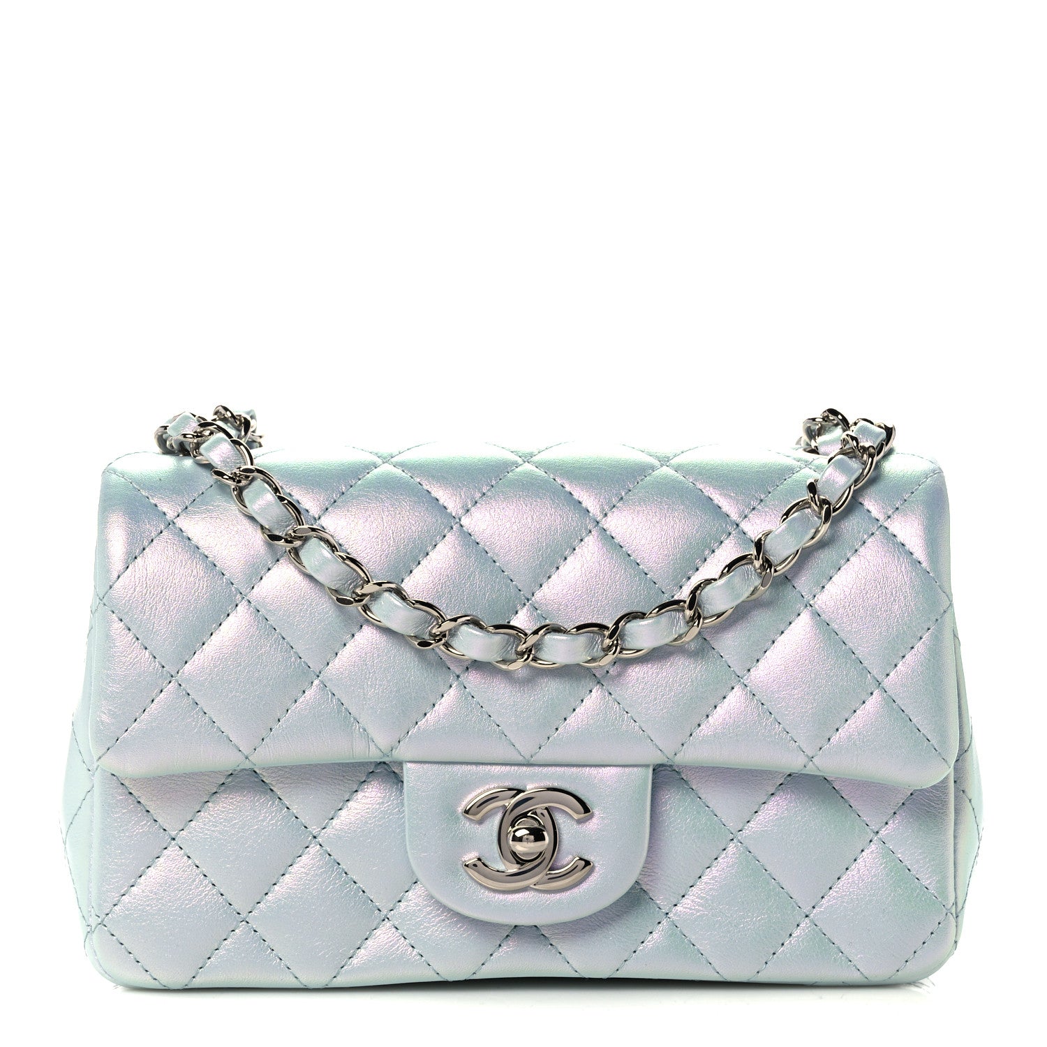Chanel Iridescent Calfskin Quilted Mini Rectangular Flap Light Blue 1 of 11