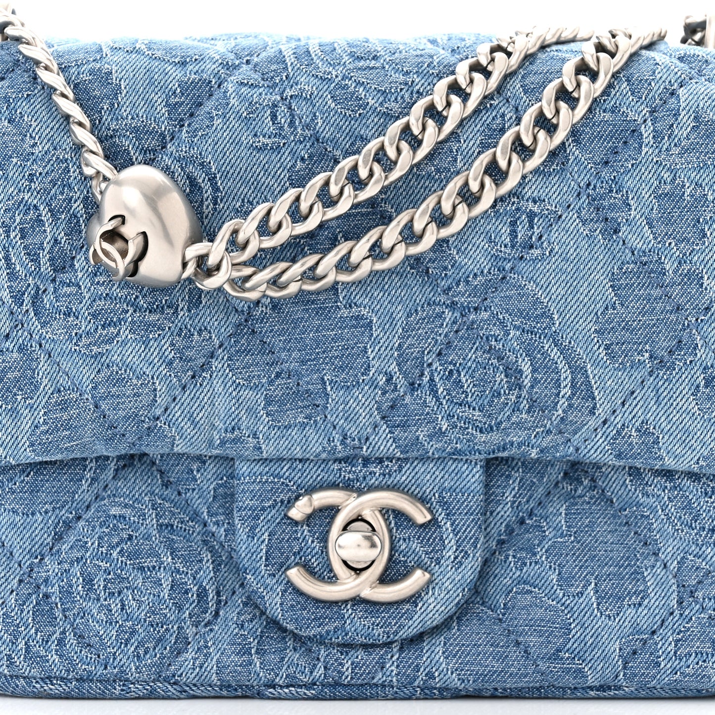 Denim Quilted Camellia Sweetheart Mini Flap Blue