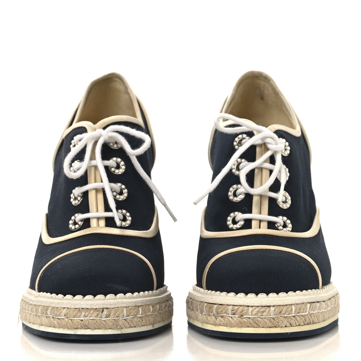 Chanel Silk Crepe Suede Calfskin Lace Up Wedge Espadrilles 39 Navy Grey 3 of 8