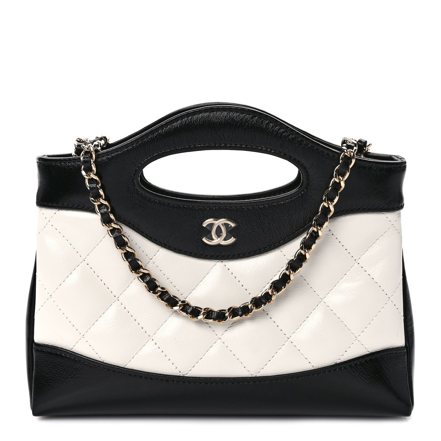 Shiny Crumpled Calfskin Quilted Nano 31 Shopping Bag White Black