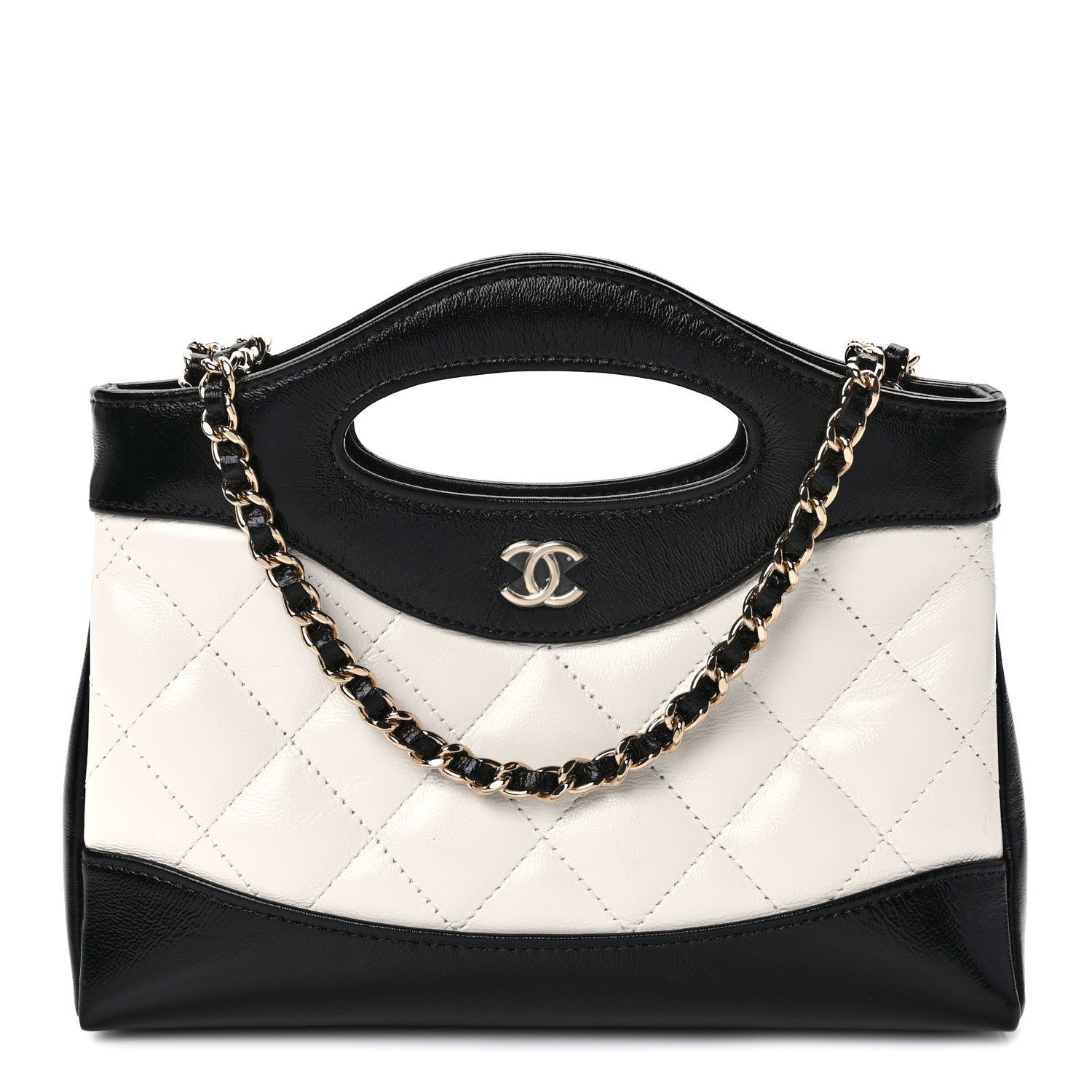 Chanel Shiny Crumpled Calfskin Quilted Nano 31 Shopping Bag White Black 1 of 11