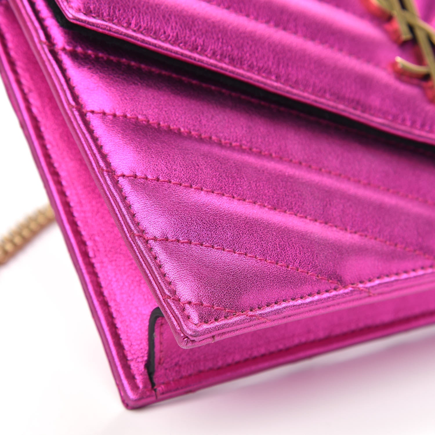 Saint Laurent Metallic Calfskin Matelasse Chevron Monogram Envelope Chain Wallet Fuchsia 7 of 10