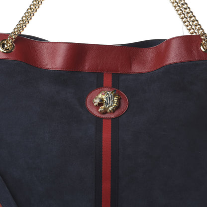 Gucci Suede Calfskin Maxi Rajah Chain Tote New Blue Romantic Cherry 8 of 8