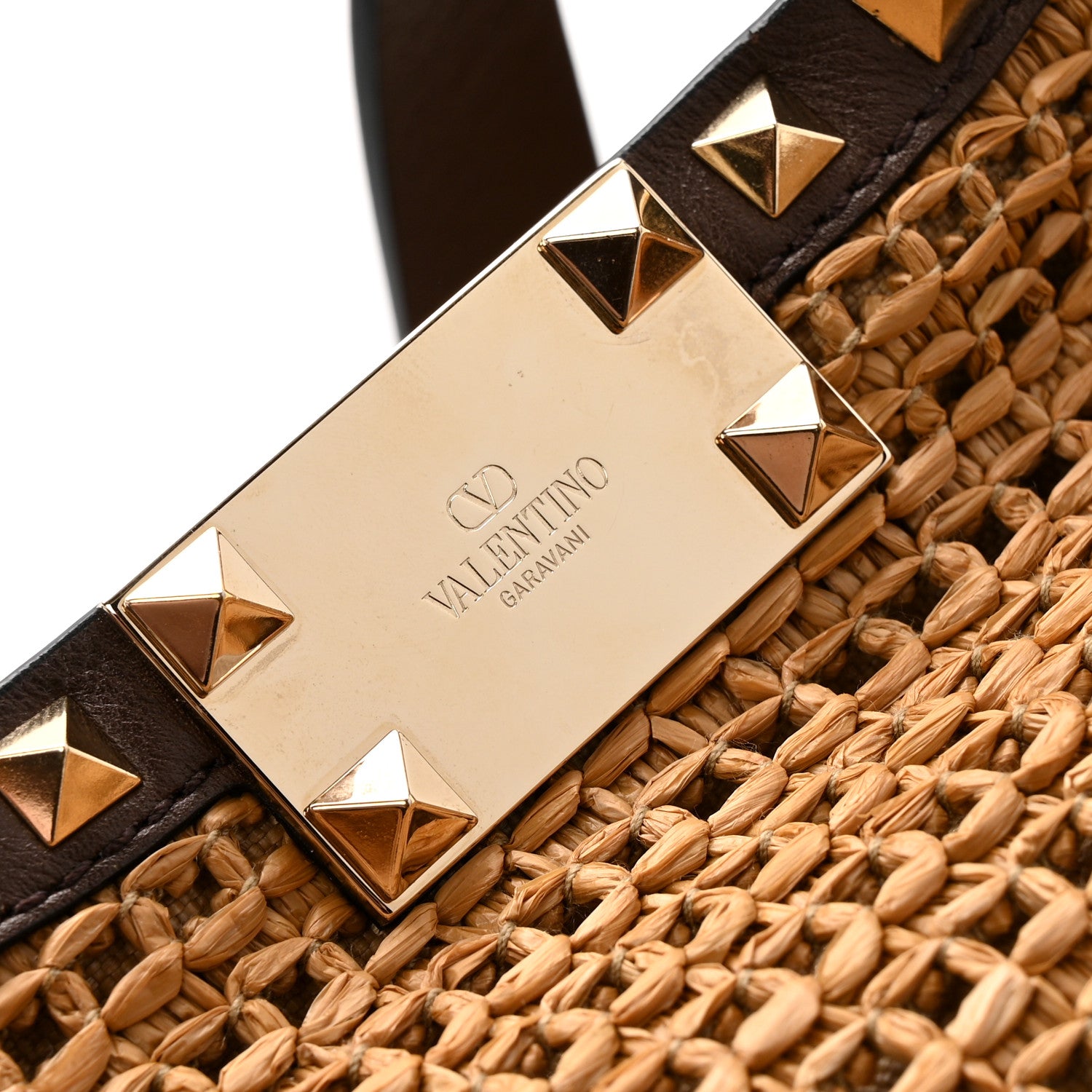 Valentino Garavani Synthetic Raffia Calfskin Rockstud Small Garden Tote Bag Tobacco Cacao 12 of 14