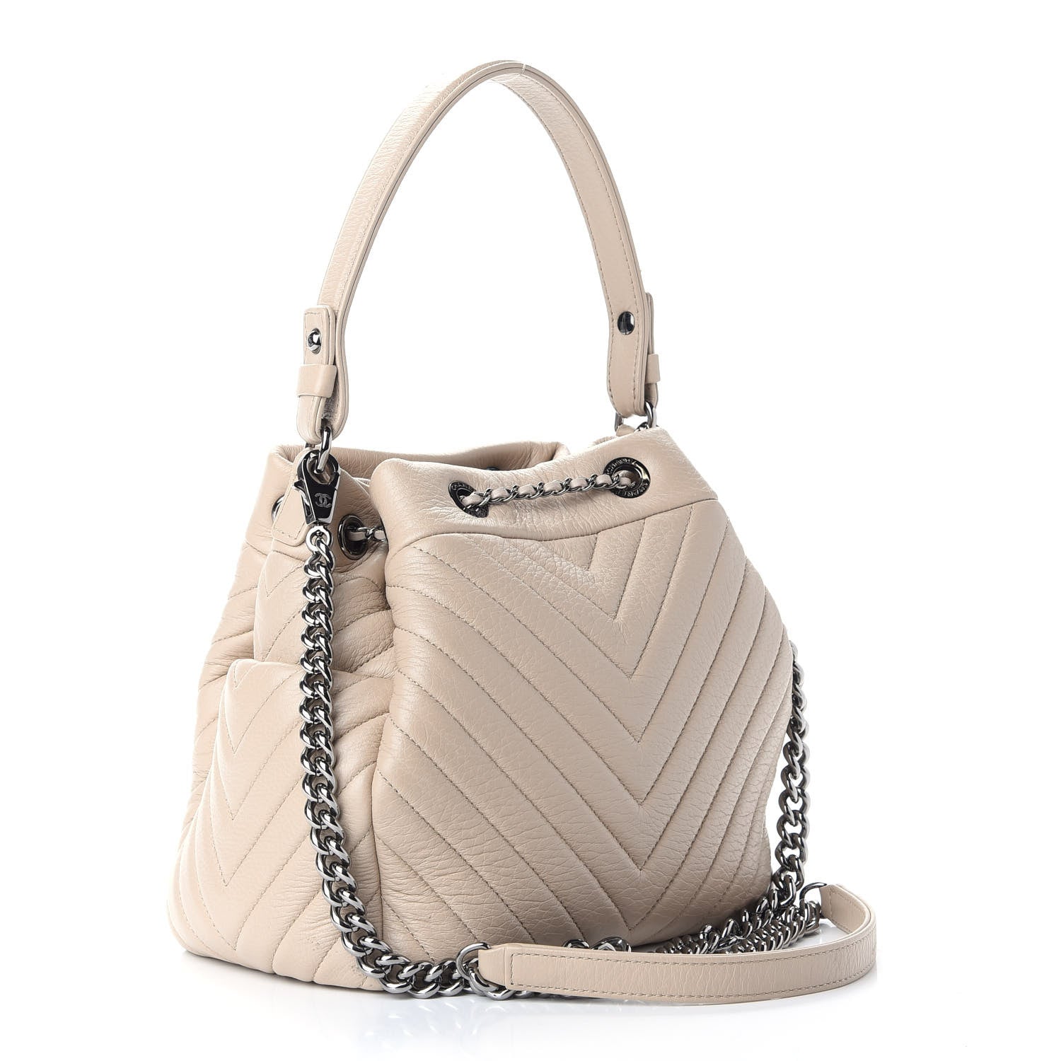 Chanel Deerskin Chevron Small CC Chain Bucket Bag Beige 2 of 8