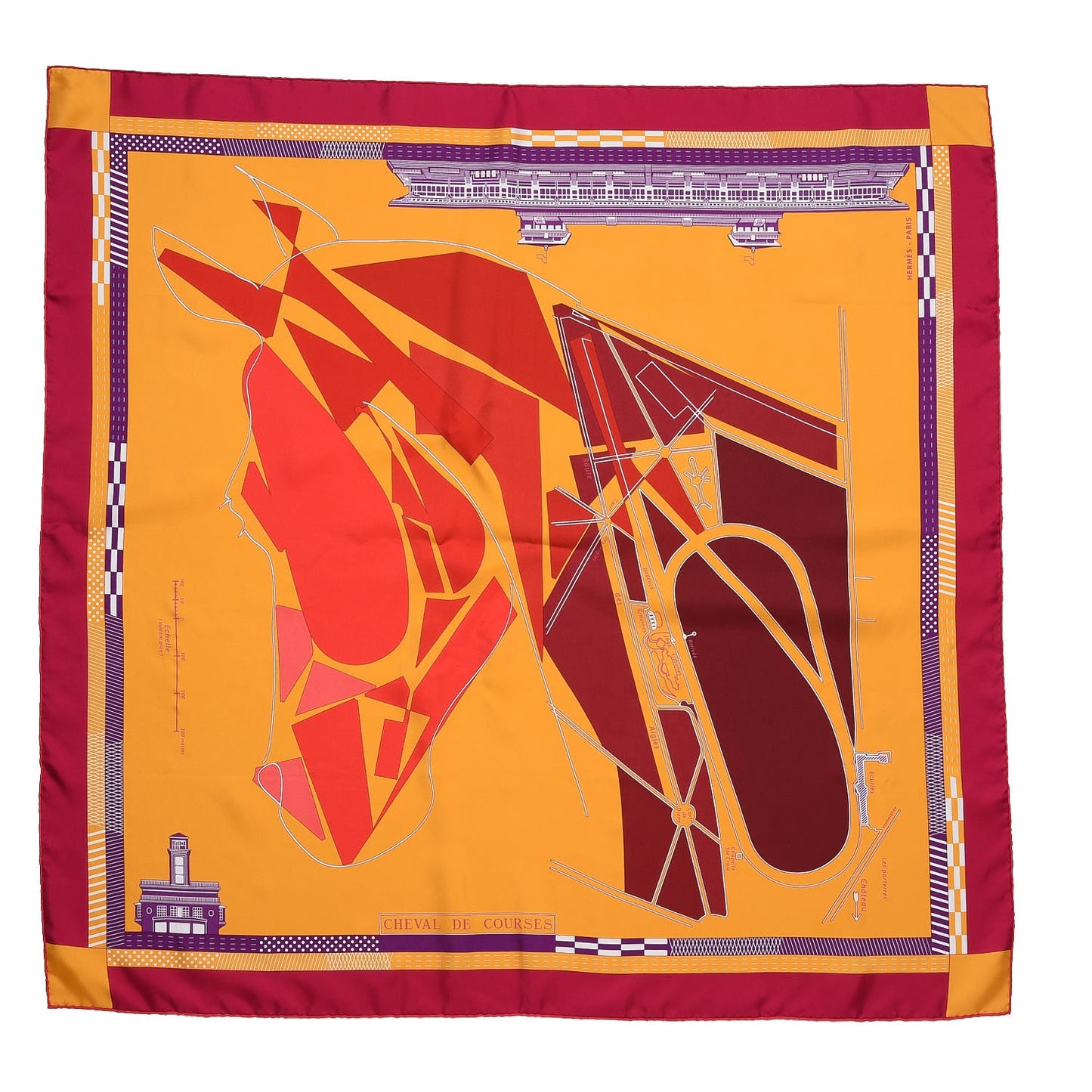 Silk Cheval De Courses Scarf 90 Rose Vif Sapphire Chaudron