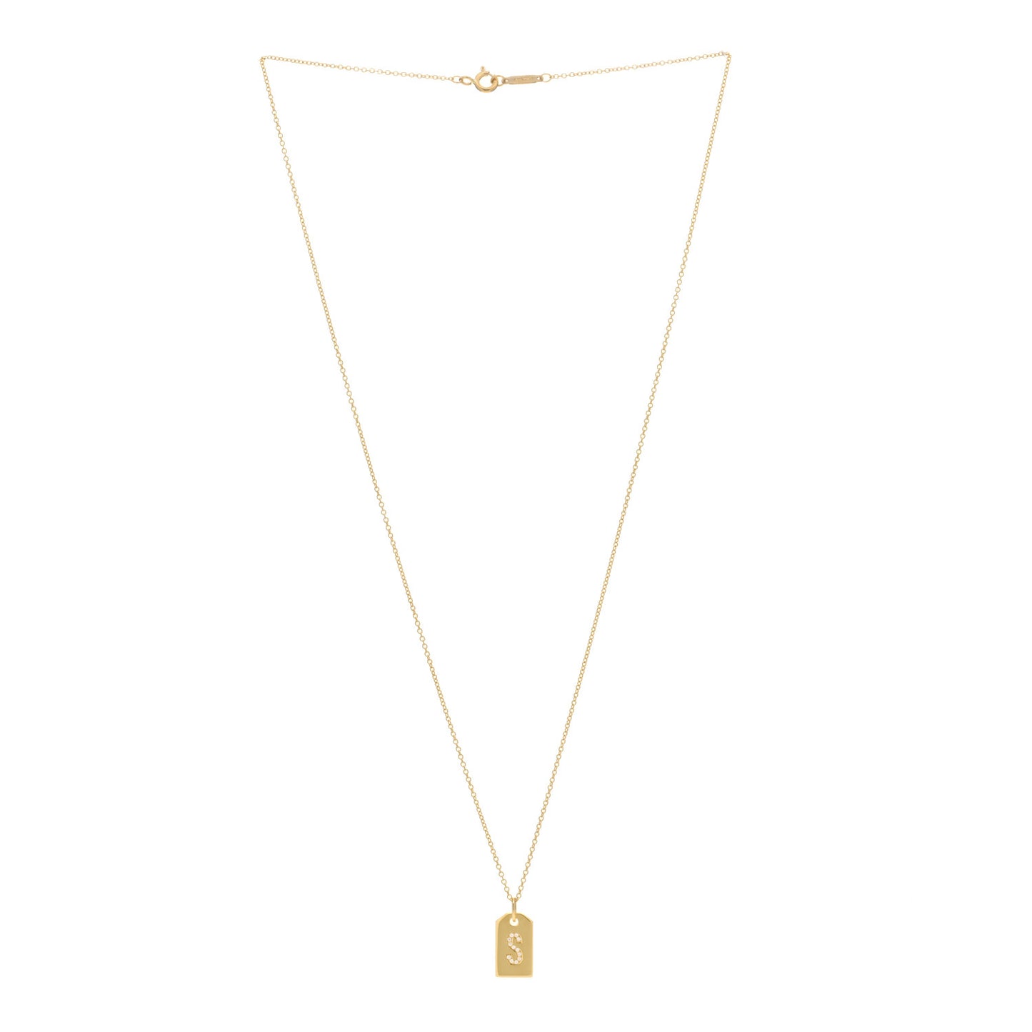 18K Yellow Gold Diamond Letter S Tag Pendant Necklace