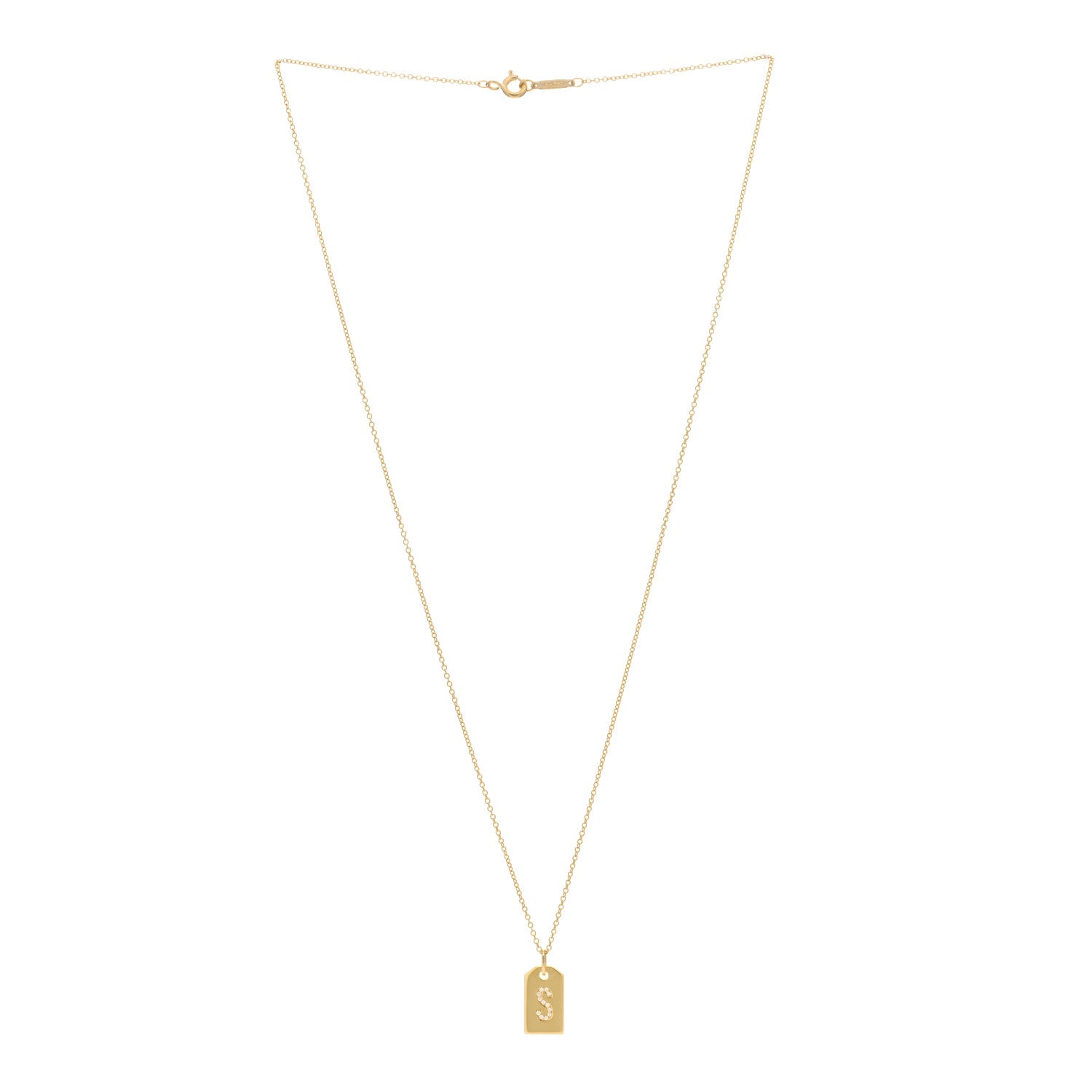 Tiffany 18K Yellow Gold Diamond Letter S Tag Pendant Necklace 2 of 3