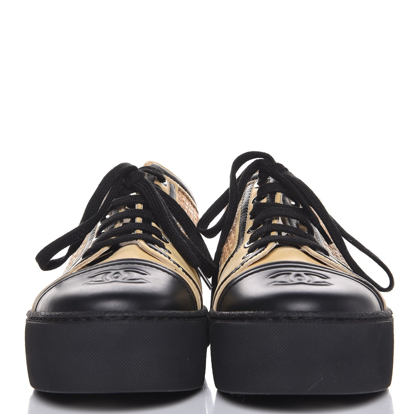 Straw Calfskin Lace Up Sneakers 39.5 Beige Black